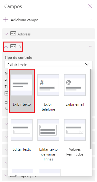 Captura de tela mostrando a ação de alterar o tipo de controle de ID para Exibir texto.