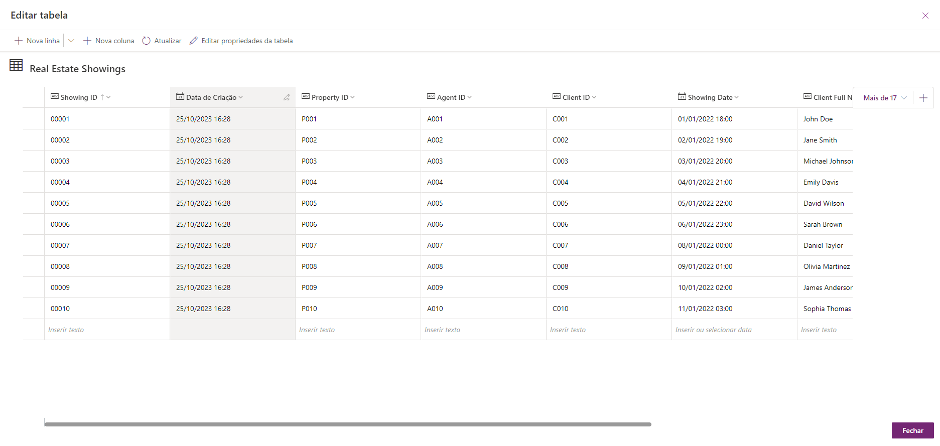 Captura de tela da caixa de diálogo Editar tabela com os dados de Real Estate Properties.
