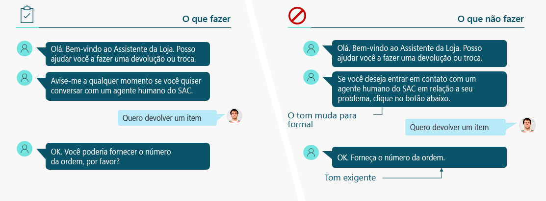 Captura de tela do que fazer e não fazer em agentes. O que você não deve fazer é mudar para um tom formal ou exigente.