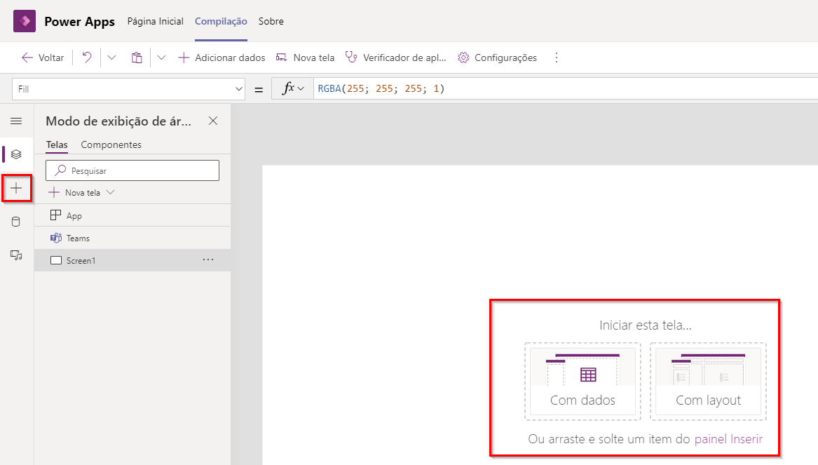 Captura da tela inicial do aplicativo com realce nas opções para iniciar a tela com dados, layout ou arrastar e soltar.