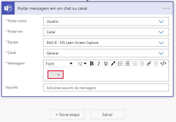 Captura de tela do conteúdo dinâmico corrompido da mensagem.
