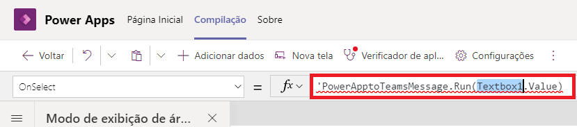 Captura de tela da fórmula PowerAppstoTeamsMessage.run(TextBox1.Value).