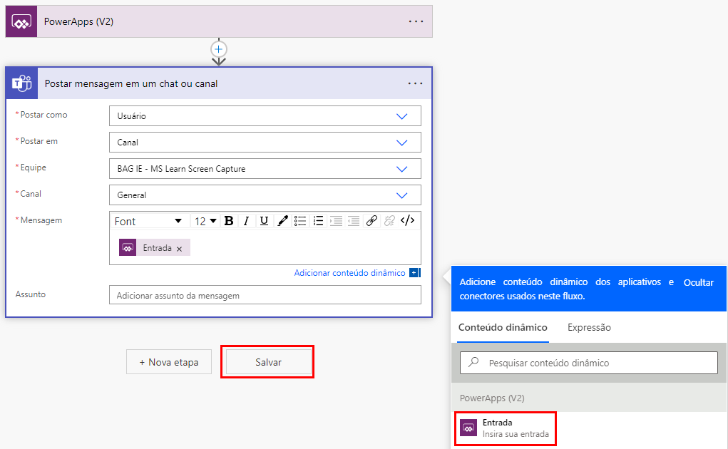 Captura de tela das atualizações feitas na ação Lançar mensagem em um chat ou canal.