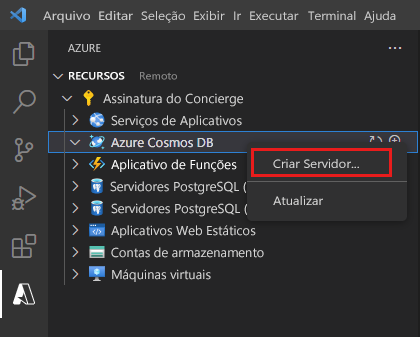Screenshot of the Azure explorer in Visual Studio Code. The user has selected the **Create Account** command.