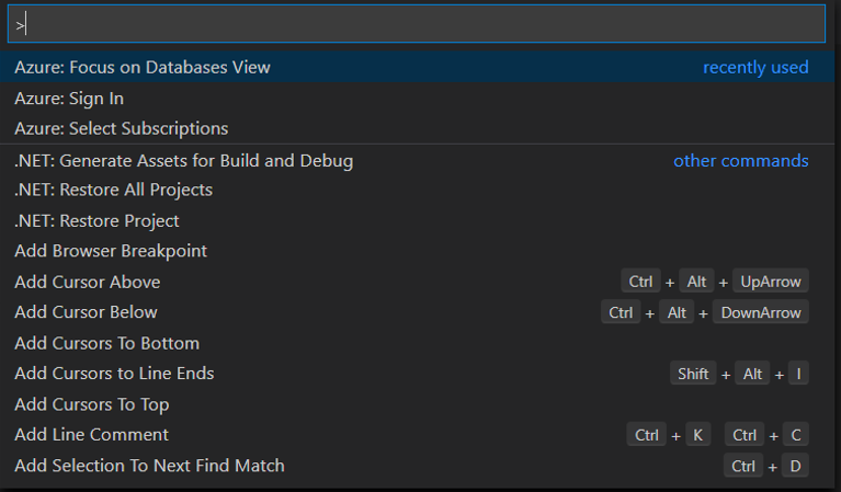 Screenshot of the command palette in Visual Studio Code. The user has selected the Focus on Azure Databases extension View command.