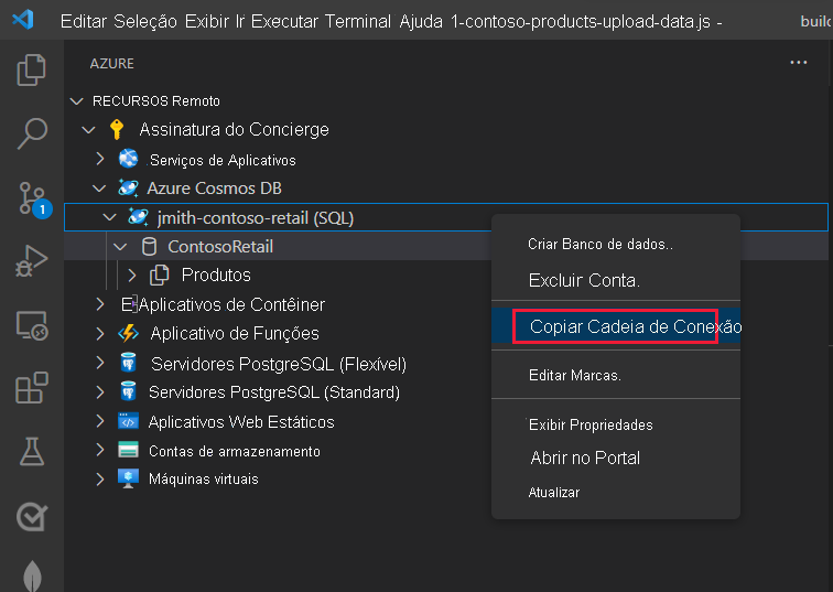 Captura de tela do código do Visual Studio com o nome da conta do Cosmos DB selecionado e o submenu para Copiar cadeia de conexão realçado.