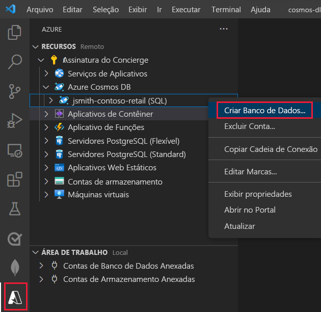 Screenshot of the Azure explorer in Visual Studio Code. The user has selected the Create Database command for the Azure Databases extension account.