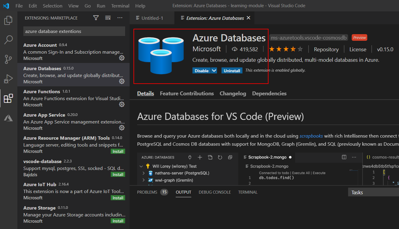 Screenshot of Visual Studio Code. The user has selected the Azure Databases extension.