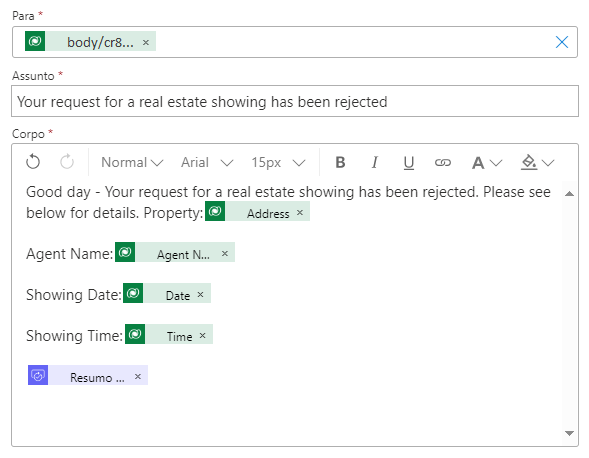 Captura de tela mostrando como o campo Resumo da resposta é adicionado ao texto do Corpo para o email rejeitado.