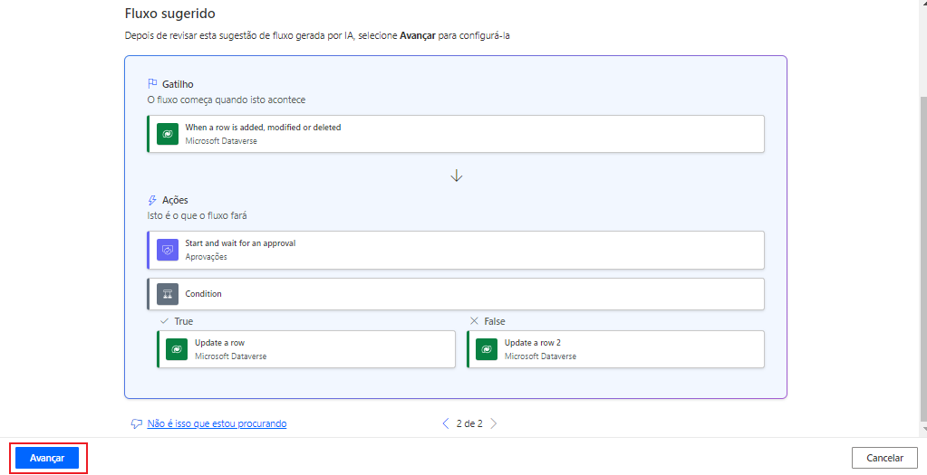 Captura de tela que exibe o fluxo sugerido do Power Automate.