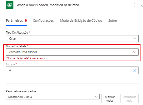 Captura de tela mostrando os detalhes do gatilho Quando uma linha é adicionada, modificada ou excluída.