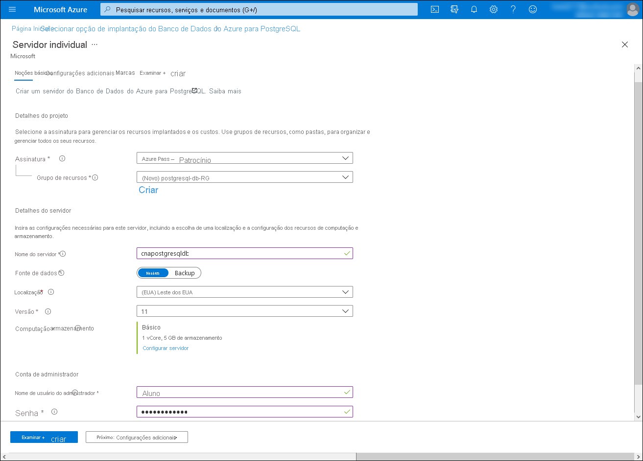 Screenshot of the Basics tab of the Single server blade in the Azure portal.