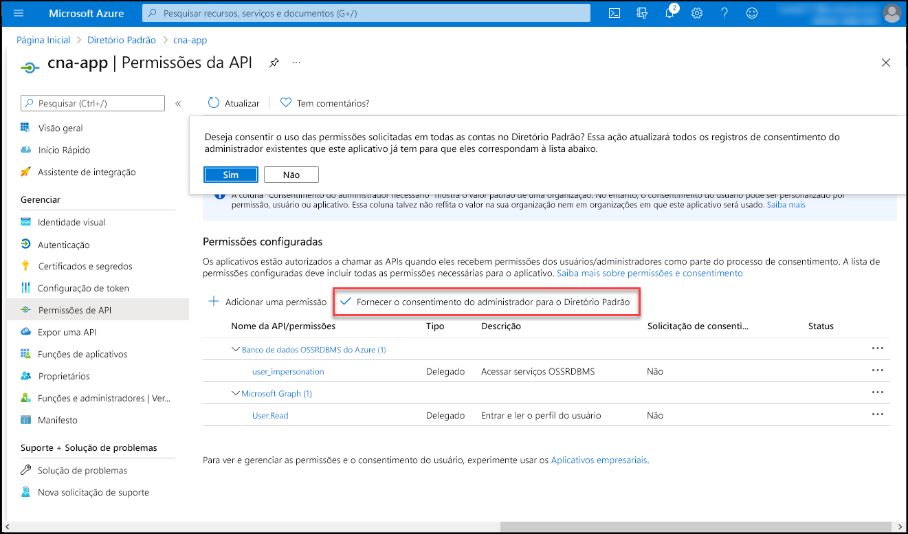 Screenshot of the cna-app API permissions blade in the Azure portal, with the prompt to confirm granting of the admin consent.