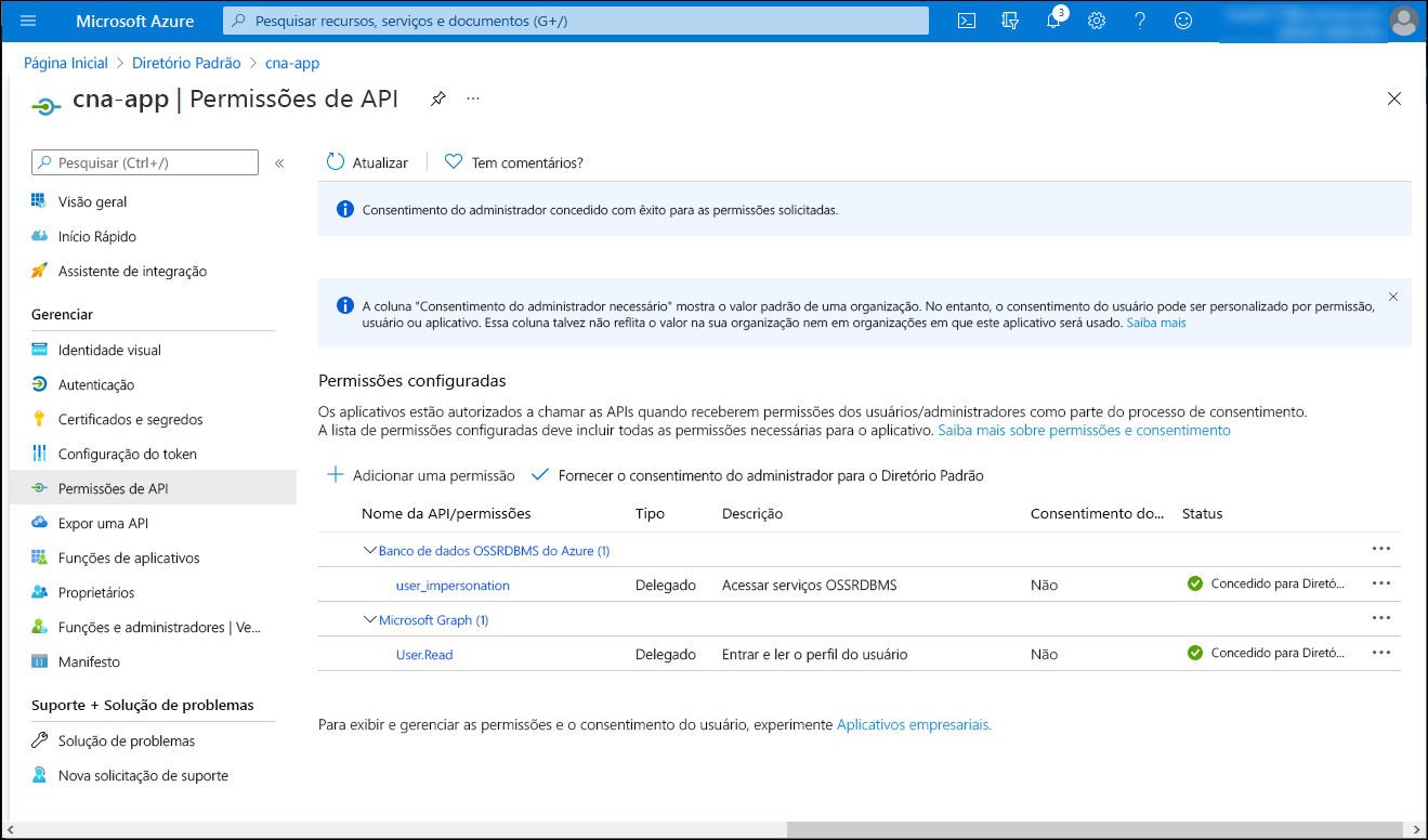 Screenshot of the cna-app API permissions blade in the Azure portal, with the consent and permissions granted.