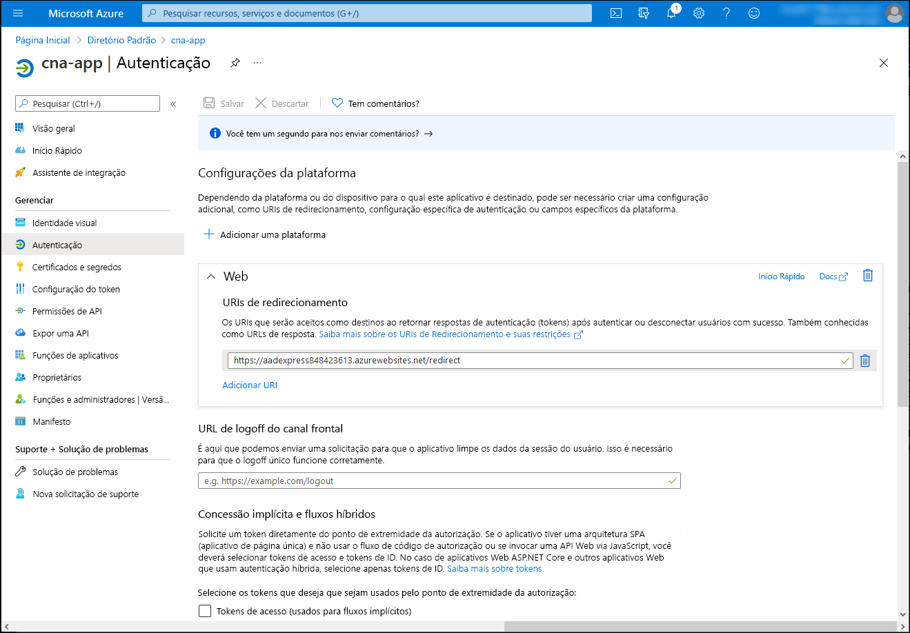 Screenshot of the cna-app Authentication blade in the Azure portal.