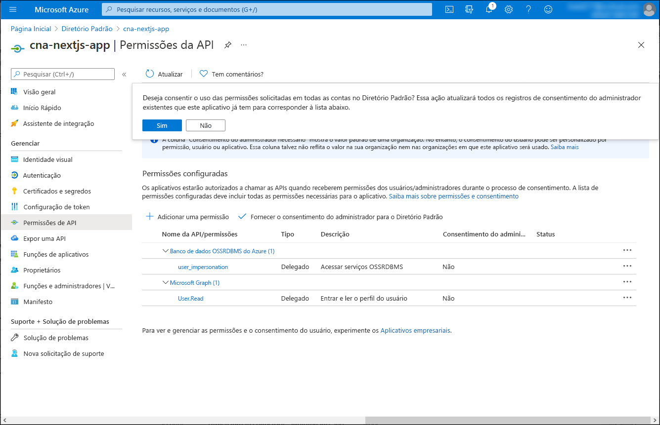 Screenshot of the cna-nextjs-app API permissions blade in the Azure portal, with the prompt to confirm granting of the admin consent.