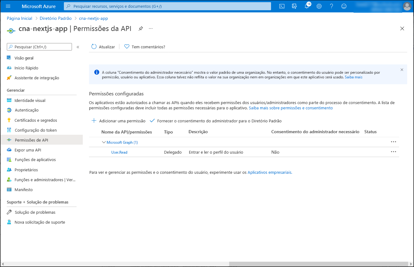 Screenshot of the cna-nextjs-app API permissions blade in the Azure portal.