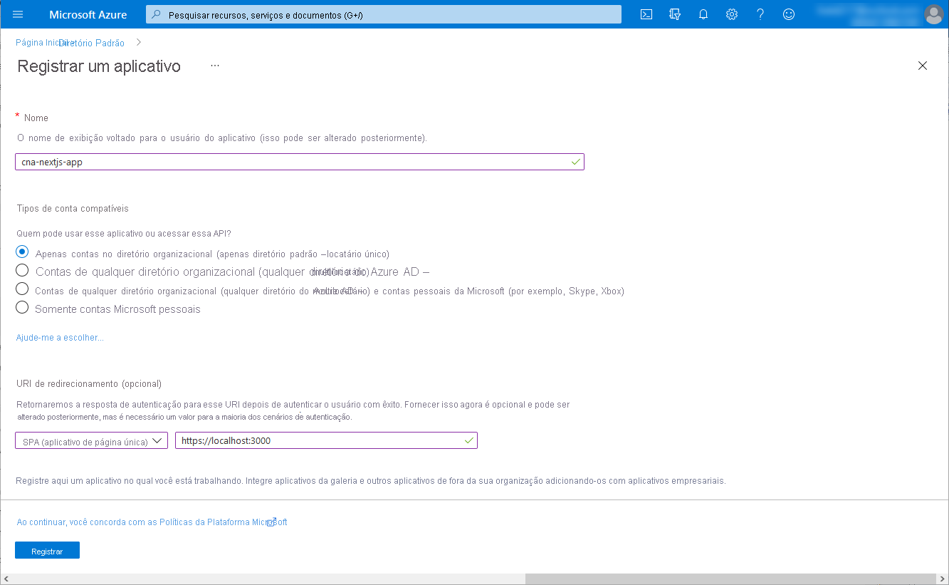 Screenshot of the Register an application blade in the Azure portal.