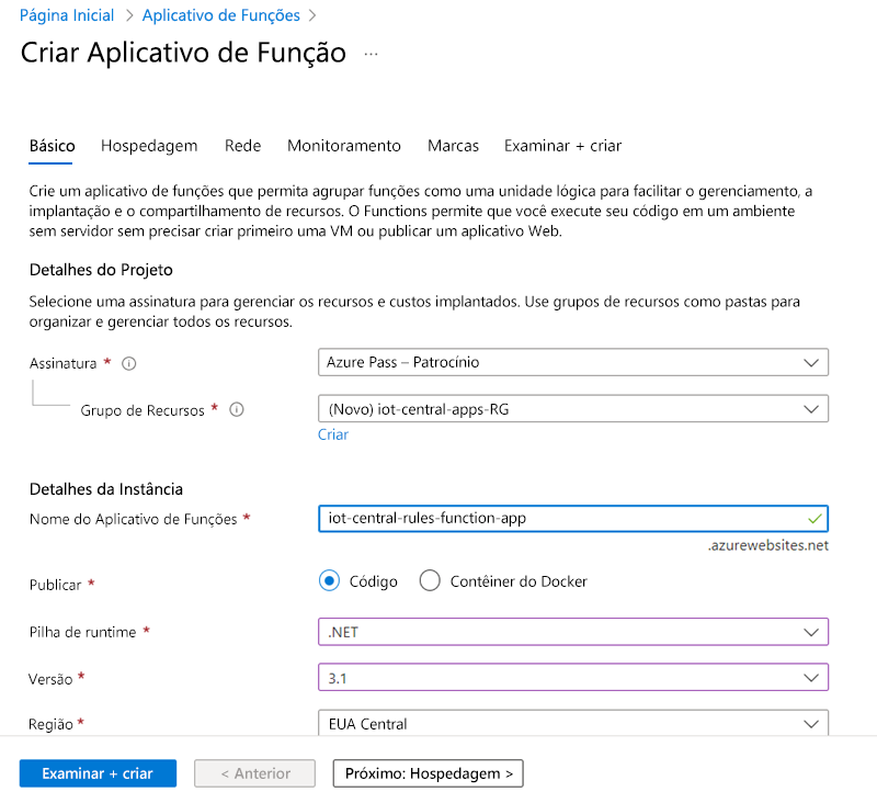 Screenshot of the Azure portal Create Function App blade Basics tab.