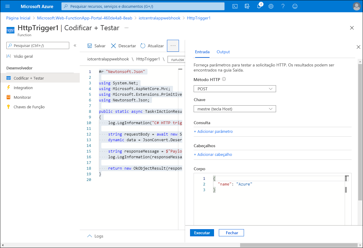 Screenshot of the Code + Test blade of the HttpTrigger1 blade with the Input tab selected.