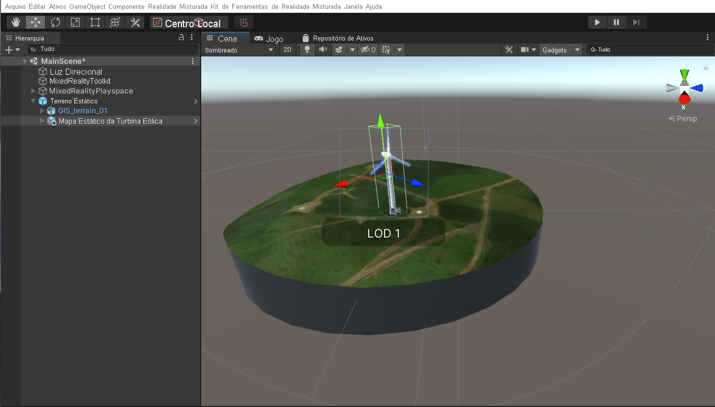 Captura de tela da janela de cena Unity com a cena principal em execução e o objeto filho do mapa estático da turbina eólica e a ferramenta de escala realçados.