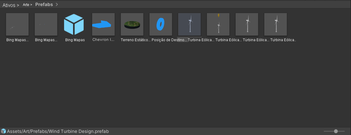 Captura de tela do painel do projeto Unity com a subpasta pré-fabricada selecionada.