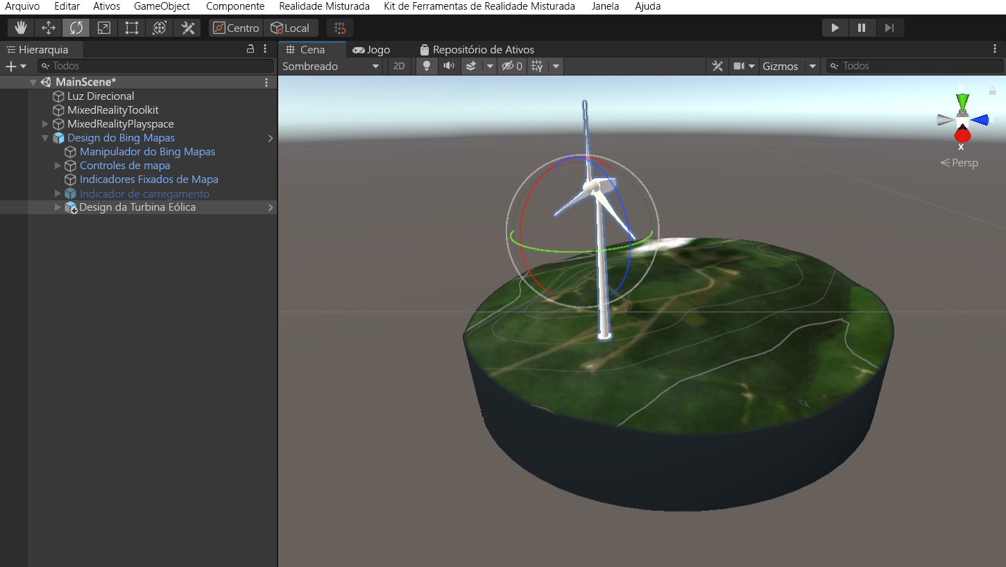 Captura de tela da janela de hierarquia Unity com a cena principal selecionada e o objeto filho de design da turbina eólica expandido. A ferramenta Girar também está selecionada.