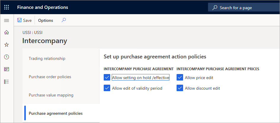 Captura de tela da guia Políticas de contrato de compra na página Configurar políticas da ação do contrato de compra.