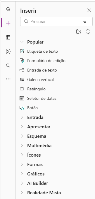 Captura de tela dos itens do menu da Faixa de Opções de Controles do Power Apps para a guia Inserir.