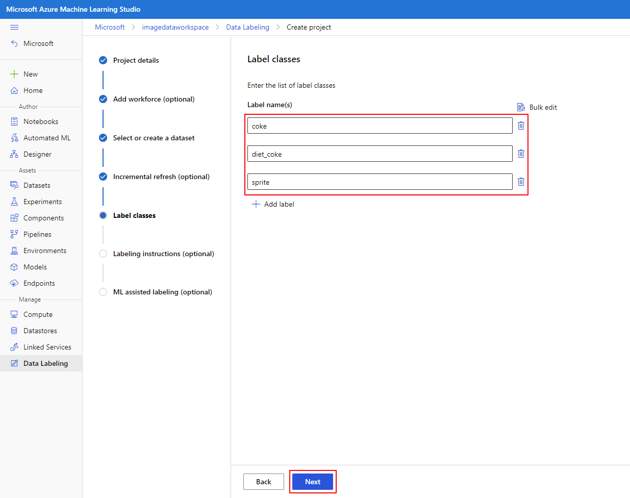 Uma captura de tela mostrando a lista de classes de rótulo.
