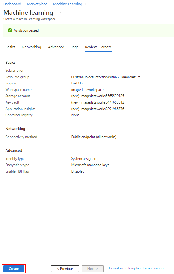 A validação da implantação do espaço de trabalho do Aprendizado de Máquina é mostrada em uma captura de tela.