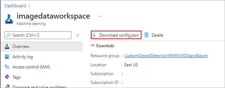 Uma captura de tela mostrando onde baixar a configuração do espaço de trabalho do Azure Machine Learning.