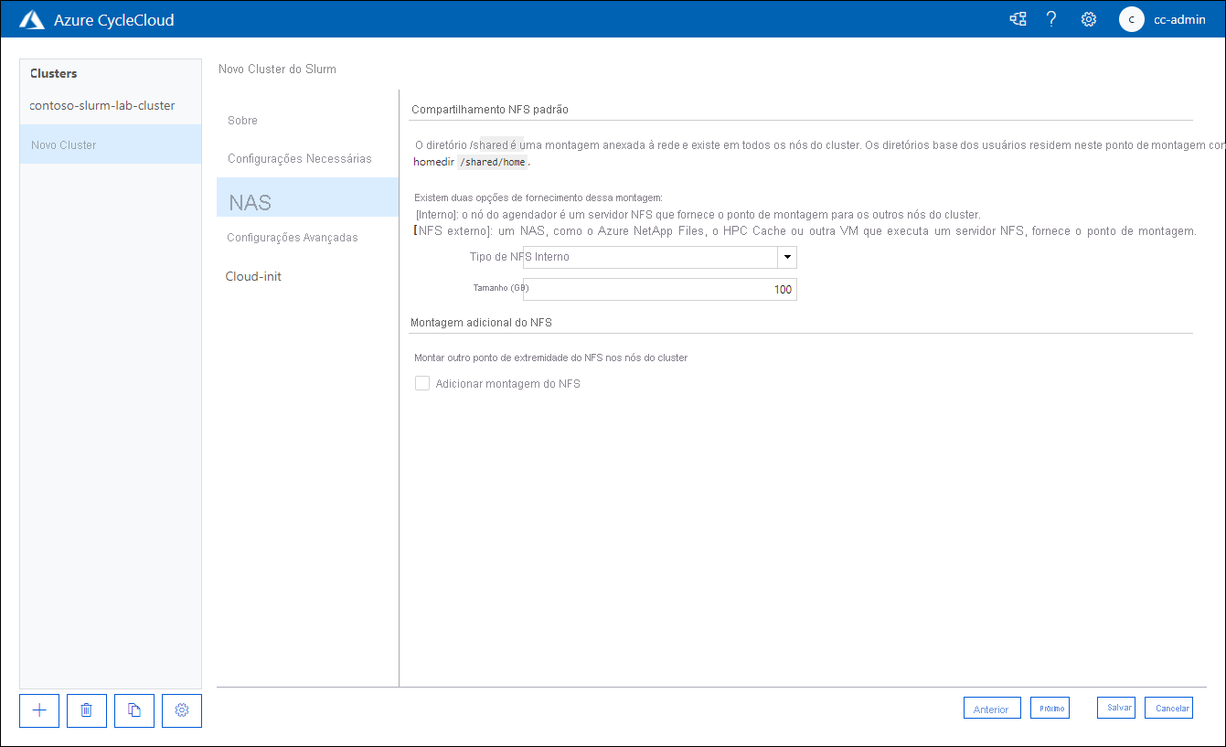 Captura de ecrã do separador Armazenamento Anexado à Rede da página Novo Cluster Slurm da aplicação Web Azure CycleCloud.
