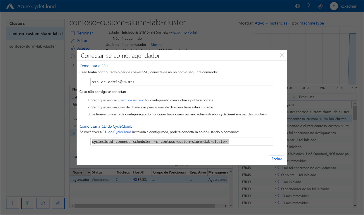 Captura de ecrã da janela pop-up Ligar ao nó: agendador na aplicação Web Azure CycleCloud.