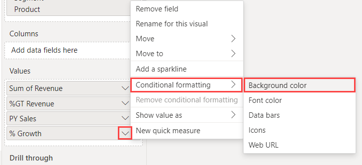Captura de ecrã destaques o localização do cor de fundo Opção do formatação condicional Opção extensão para o % de crescimento valor.