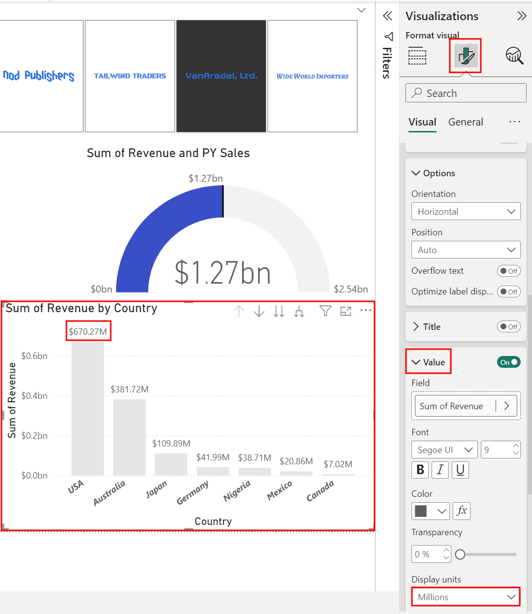 A captura de ecrã apresenta a visualização Soma das receitas por país/região com a secção Valor do separador Formato da visualização Unidades de visualização definida para 