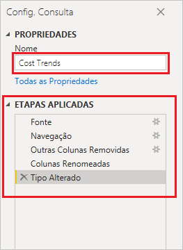 Captura da guia Configurações de Consulta com o nome definido como Tendências de Custo.