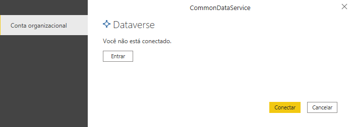 Captura de tela da caixa de diálogo do Dataverse com o domínio Ambiente definido como org0e211cd1.crm.dynamics.com e o modo Conectividade de dados definido como Importar.