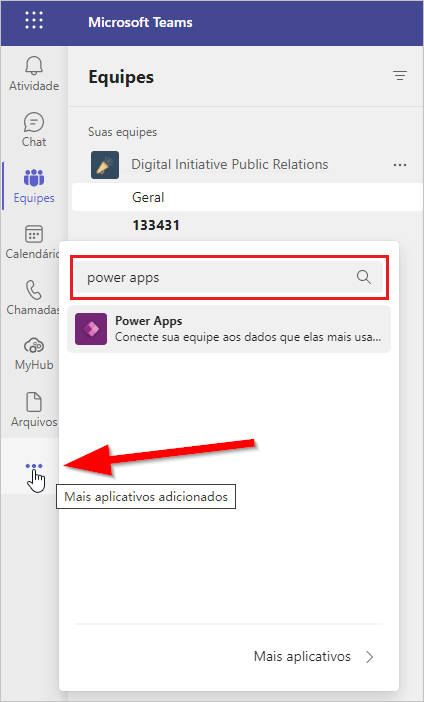 Captura de tela das reticências de Mais aplicativos adicionados com a barra de pesquisa realçada.