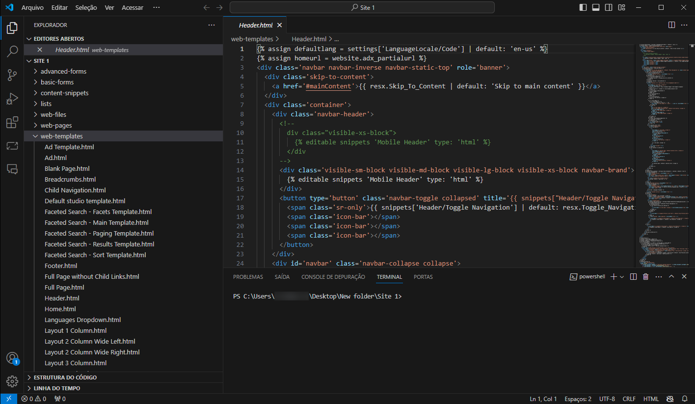 Captura de tela do Visual Studio Code para um site mais complexo desenvolvido em conjunto com um desenvolvedor profissional.
