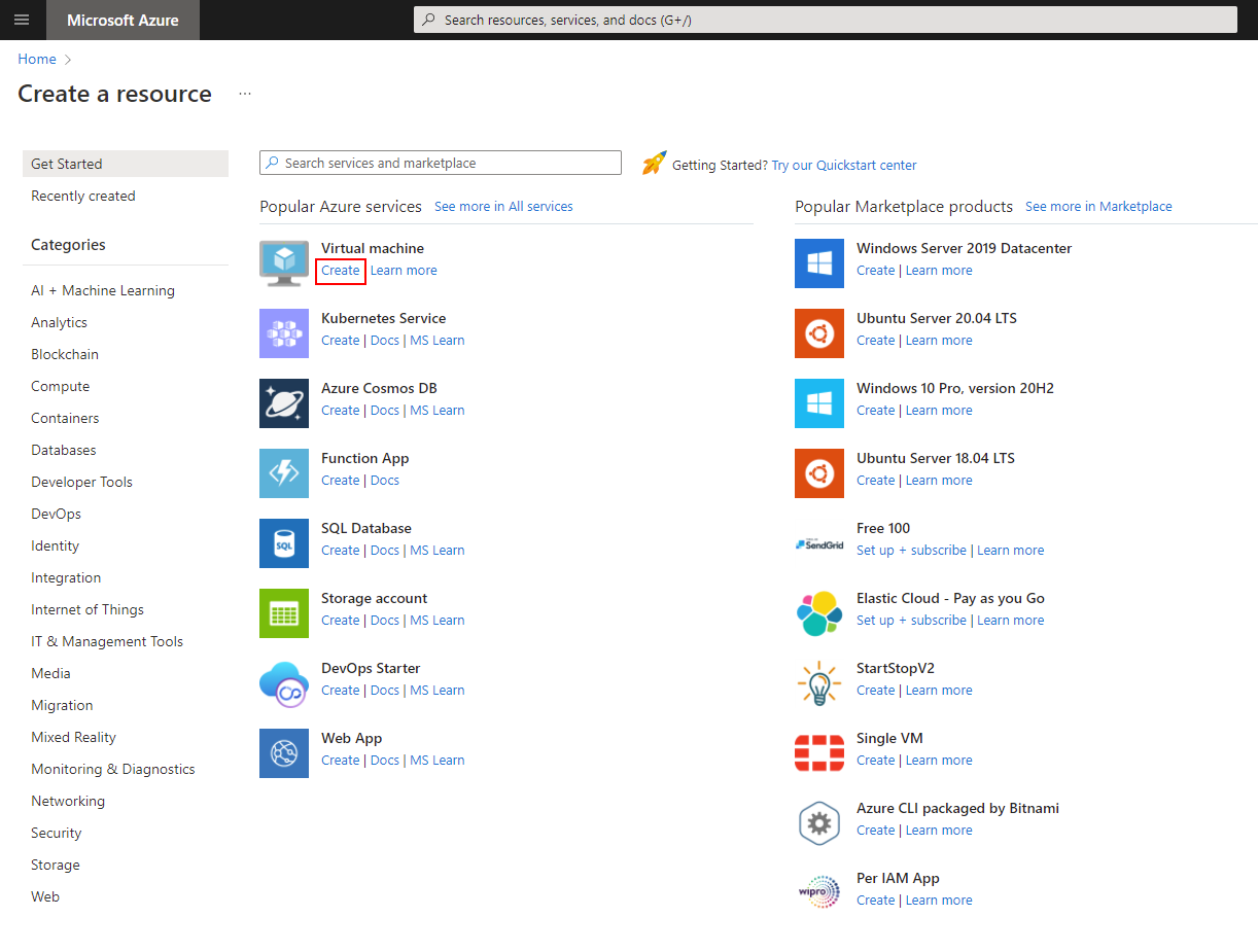 O item criar uma máquina virtual é mostrado selecionado.