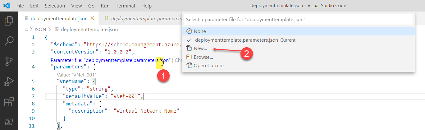 Captura de ecrã que mostra seleções para criar um ficheiro de parâmetro no Visual Studio Code.