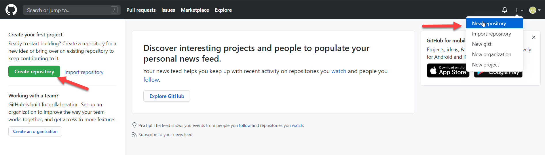 Captura de ecrã que mostra seleções para criar um repositório do GitHub.