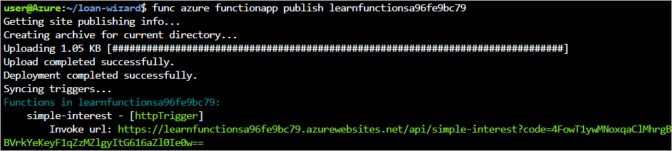 Publishing a function app with func azure functionapp publish.