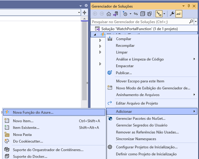 Captura de ecrã da janela Solution Explorer. O usuário selecionou Adicionar -> Nova Função do Azure.
