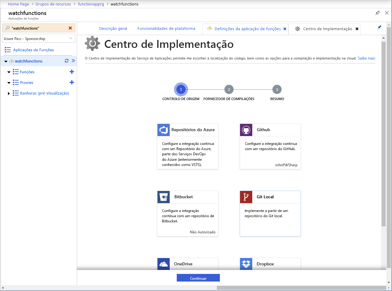 Captura de ecrã da página Centro de Implementação numa aplicação do Azure Functions.