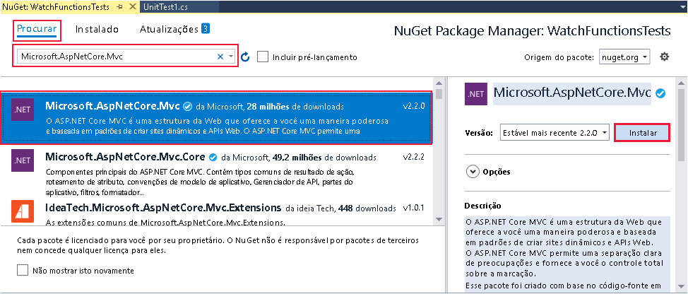 Captura de tela da janela do Gerenciador de Pacotes NuGet. O usuário está instalando o pacote Microsoft.AspNetCore.Mvc.