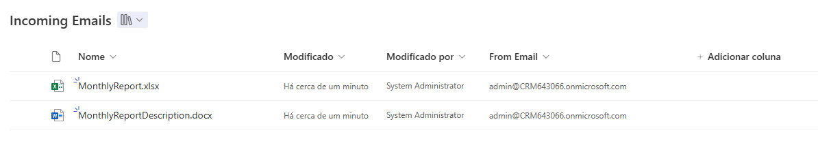Captura de tela da biblioteca do SharePoint para Email de Entrada.