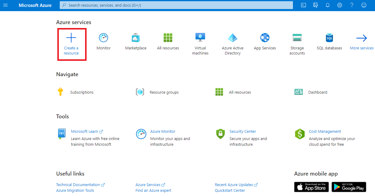 Captura de ecrã a mostrar o menu portal do Azure e da opção Criar um recurso.