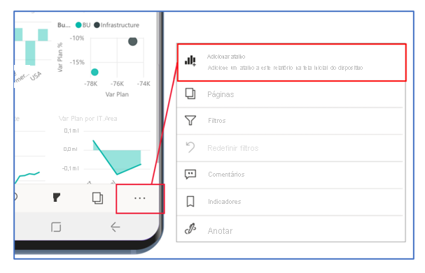 Captura de ecrã a mostrar a opção Adicionar atalho no menu Mais opções do Android.